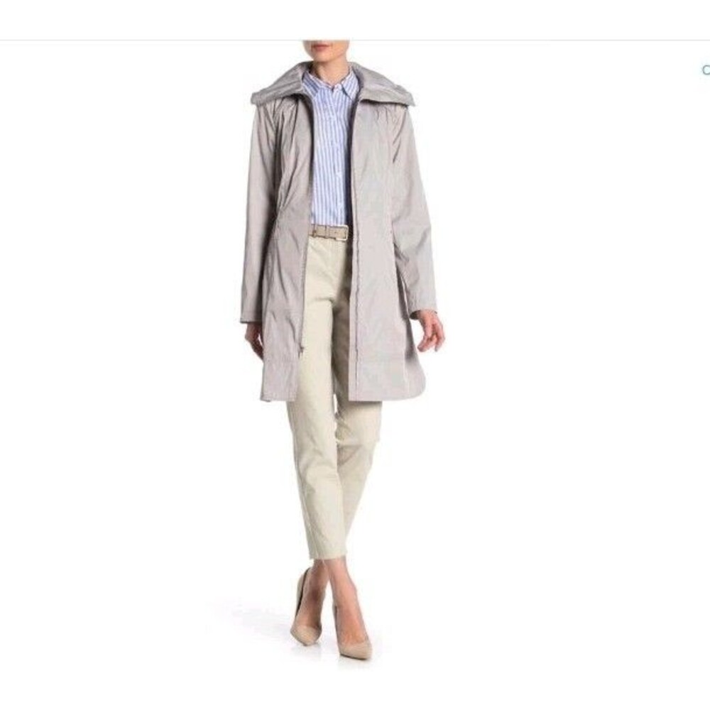 Cole Haan Signature Grey Travel Packable Rain Jacket Hooded Back Bow Coat XS